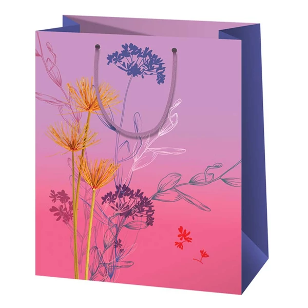 Lila, virágokkal díszített nagy méretű exkluzív ajándéktáska 27x14x33cm-es