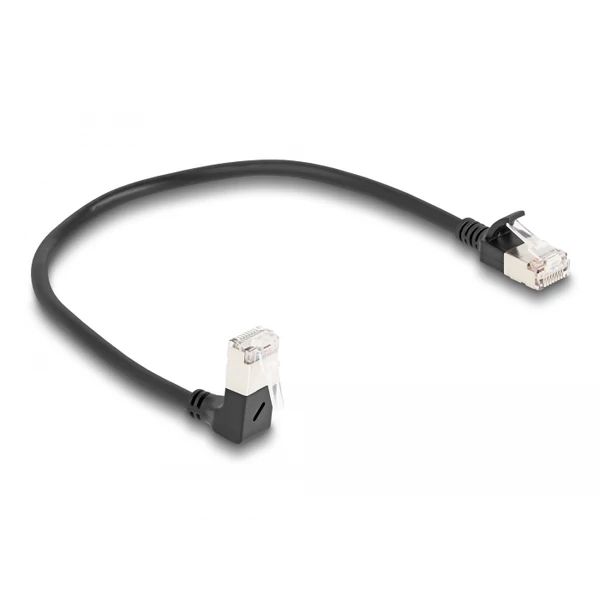 Delock RJ45 hálózati kábel Cat.6A S/FTP vékony 90  fokban lefelé hajló / egyenes 0,25 m fekete