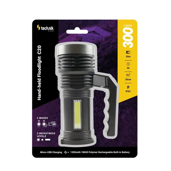 Technik kézi reflektor akkumulátoros LED+Micro USB C20