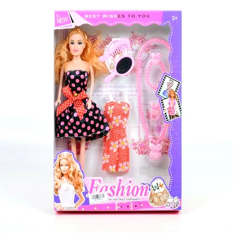 Fashion divatbaba pöttyös ruhában kiegészítőkkel 29cm