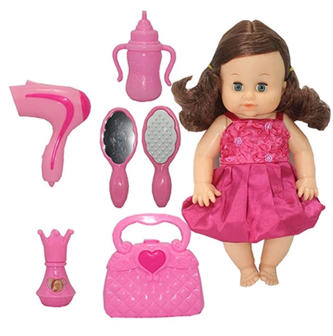 Dorina barna hajú 36cm-es pisilő baba fodrász készlettel, kiegészítőkkel és hang effektekkel