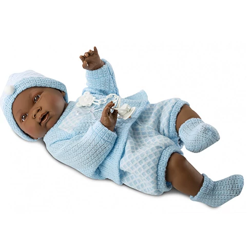 Csecsemő baba kék ruhában afroamerikai barna 45cm-es (45025)
