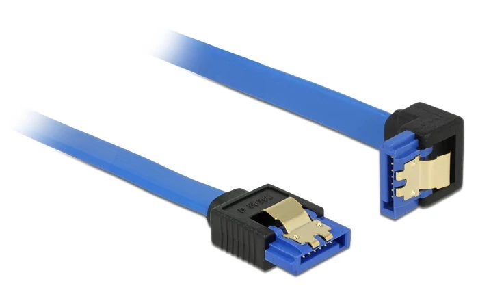 Delock SATA-kábel, 6 Gb/s, hüvely, egyenes > SATA hüvely, lefelé ívelt, 10 cm, kék aranyszínu kapcso