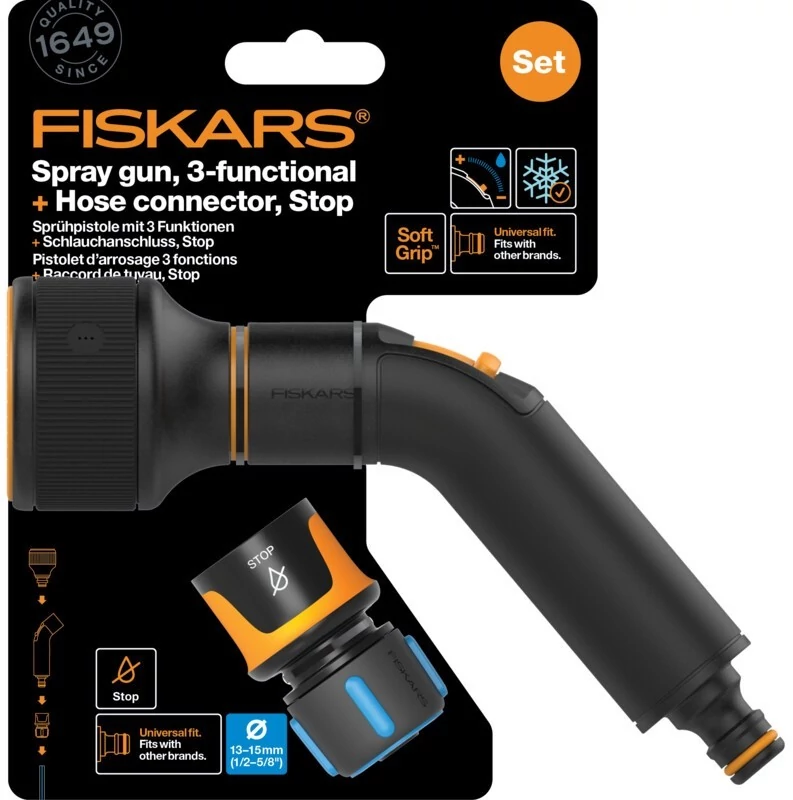 Fiskars Comfort locsolópisztoly, 3 funkciós + CF tömlőcsatlakozó 13-15mm, STOP (1057608)