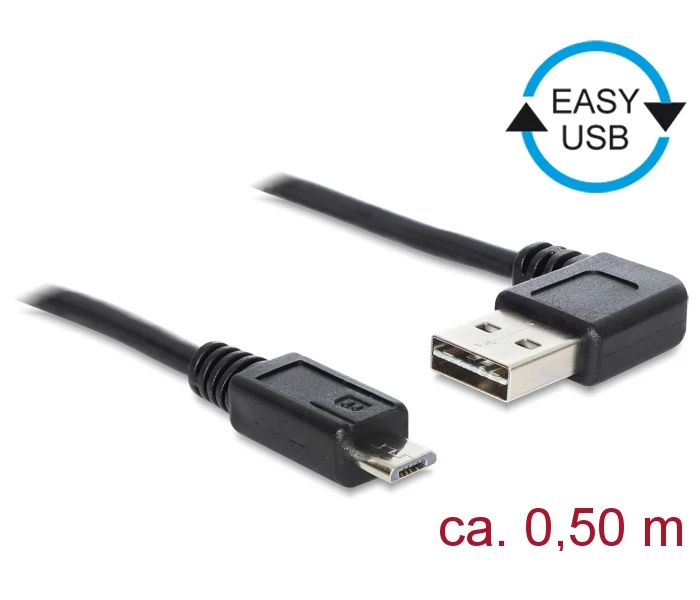 Delock Kábel, EASY-USB 2.0-s A- típusú csatlakozódugó, ívelt bal / jobb > USB 2.0-s Micro-B-típusú c