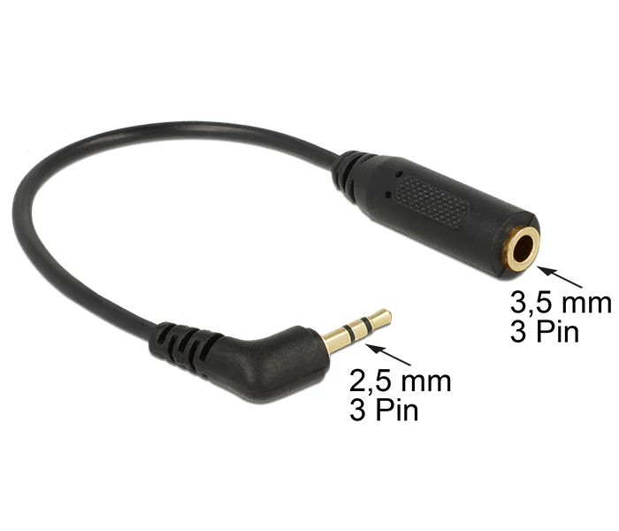 Delock Sztereo audi kábel jack 2.5 mm 3 tűs apa > Sztereo jack 3.5 mm 3 tűs anya, szögletes