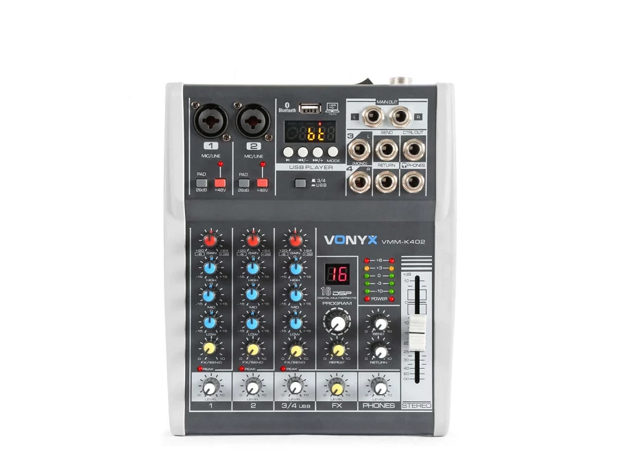 Vonyx VMM-K402 - 4 csatornás zenekari keverő, Bluetooth + Effekt + REC felvétel