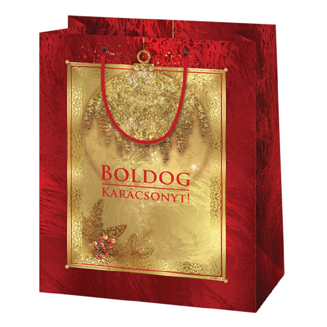 Boldog Karácsonyt feliratos, arany-piros színű nagy méretű exkluzív ajándéktáska 27x14x33cm