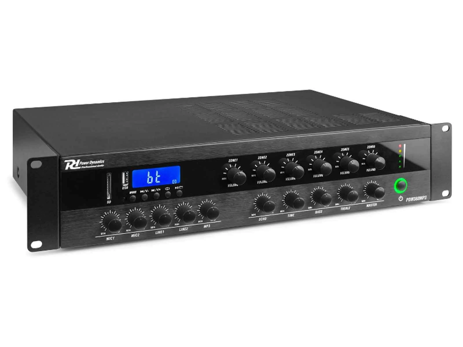 Power Dynamics PDW360MP3 PA Keverő - erősítő , 360W/100V, 6 zóna, Bluetooth, USB, SD, FM