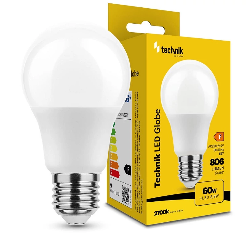 Technik LED izzó gömb E27 8,8W 2700K