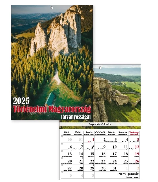 T-Calendar történelmi Magyarország tűzött falinaptár A/4 2025