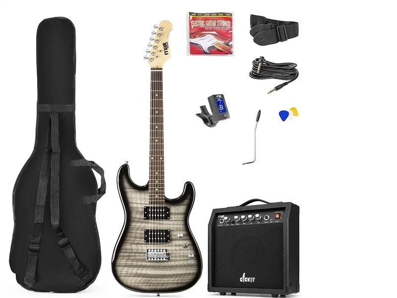 max Gigkit 4/4 Elektromos gitár szett (20W erősítő| táska| hangoló| pengetők) - Quilted Style Fekete