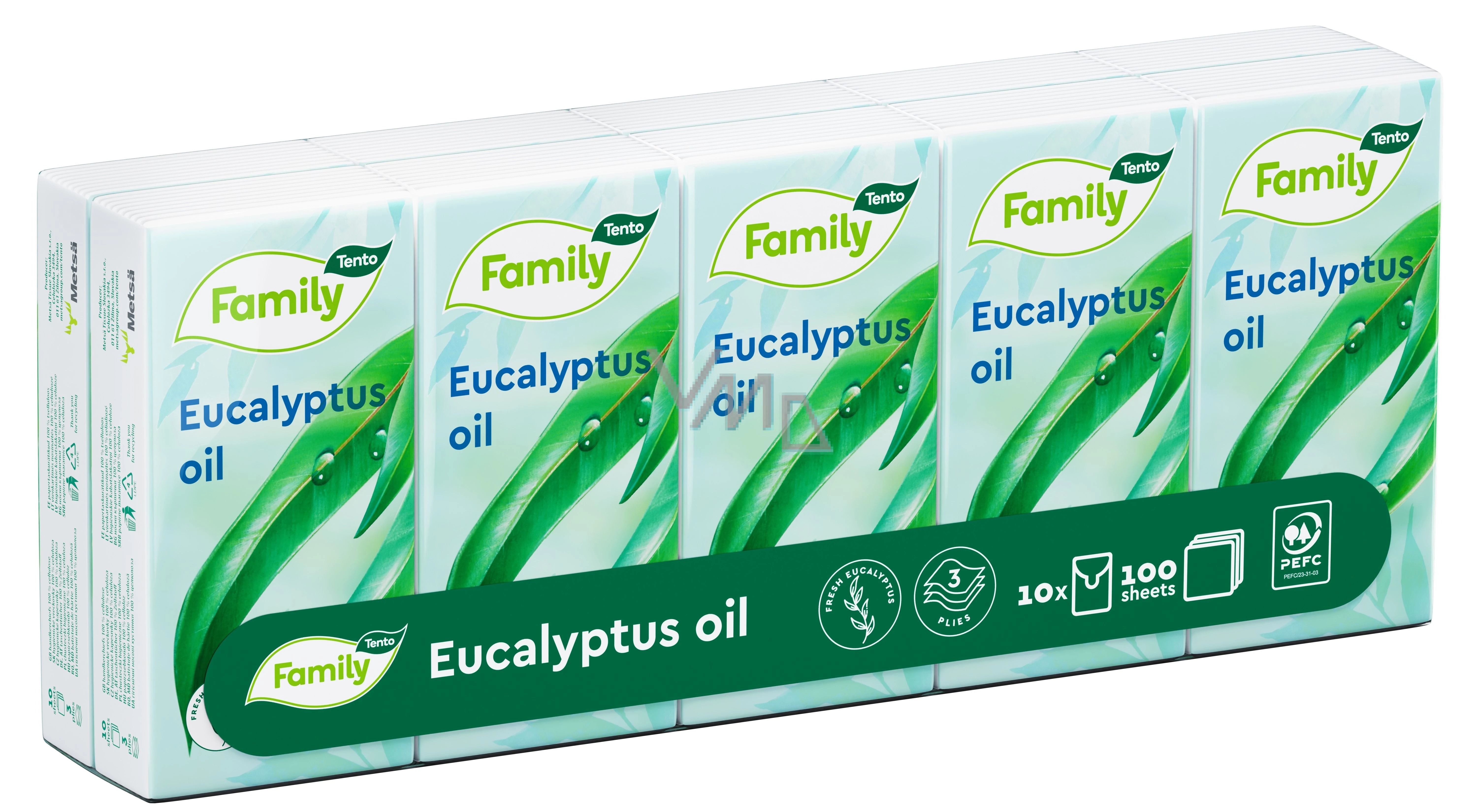 Tento Family papír zsebkendő 10x10db 3 rétegű Eucalyptus